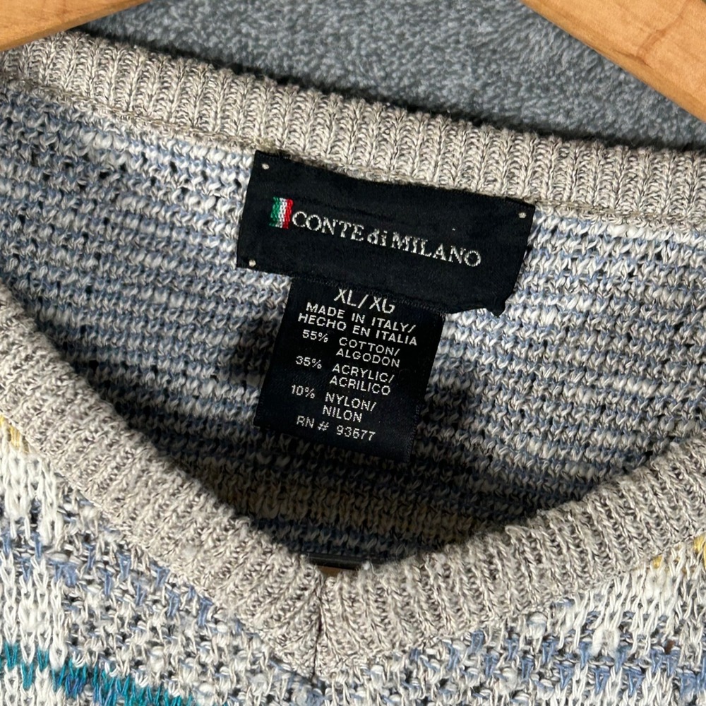 VTG Conte di Milano Sweater Knit V-Neck Plaid Men XL Made Italy Grey Blue Yellow - Picture 3 of 11